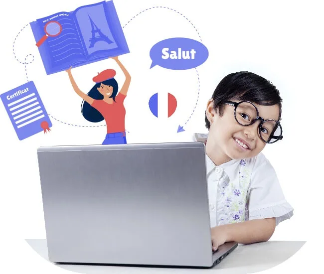 Child learning French online behind his computer